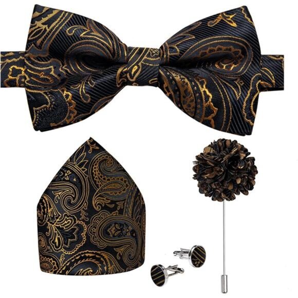 Pre-Tied Bow Ties for Men Black Gold Paisley - Picture 1 of 1